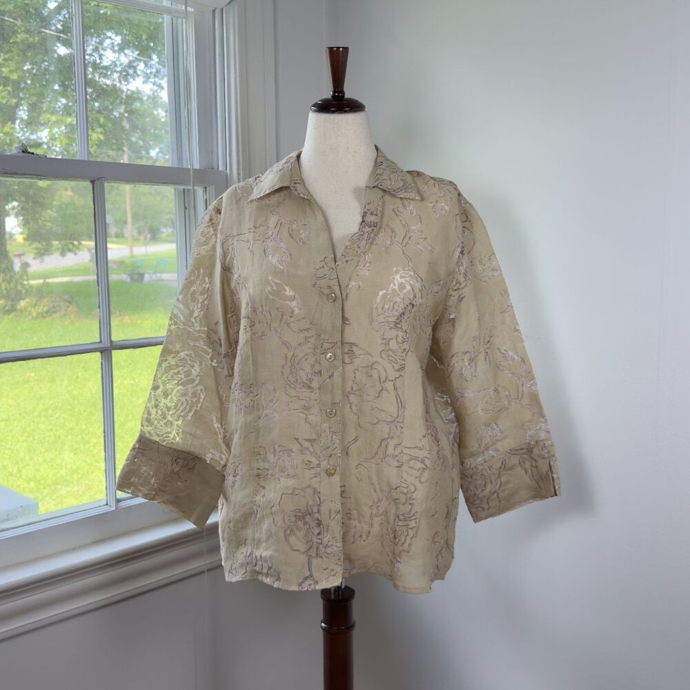 Vintage Sarah Bentley Floral Cream Button Down Shirt XL Oversized Cottage